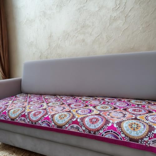 Image of Homerz Premium 7 (3+2+2) Seater Velvet Sofa Panel Cover with Digital Prints | Anti-Slip Backing (Pink Rangoli, 7 (3+2+2) Seater)