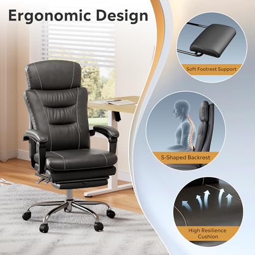 Image of DEVAISE Executive Leather Home Office Chair with Footrest, High Back and Heavy Duty, Comfortable Big and Tall Ergonomic Desk Chair with Lumbar Support, Comfy Reclining, SGS Class 4 Gas Lift, Black