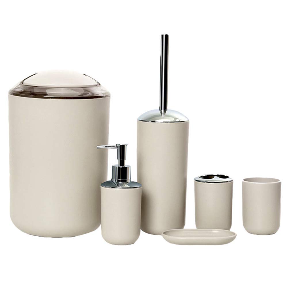 MisFox 6 Pieces Bathroom Accessory Set, Modern Stylish Design Solid Color Toilet Accessories Set Include Lotion Dispenser, Trash Can, Toothbrush Holder, Tooth Mug, Toilet Brush & Soap Dish - Apricot