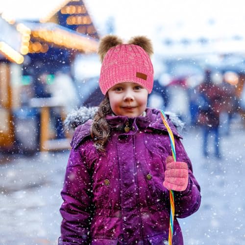 Kids Winter Beanie Hat Scarf Gloves Set,Toddlers Knit Winter Warm Double Pompom Cap Scarf Gloves for Girls Boys 1-5 Years Old3