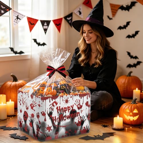 Image of Clastyle Large Spooky Halloween Baby Gift Basket Stuffers Boy Girl Pumpkin Bat Graveyard Boo Nursery Bin Kid Book Toy Box Collapsible Clothes Organizer for Bedroom, Blood Hand, 40 * 30 * 30 cm
