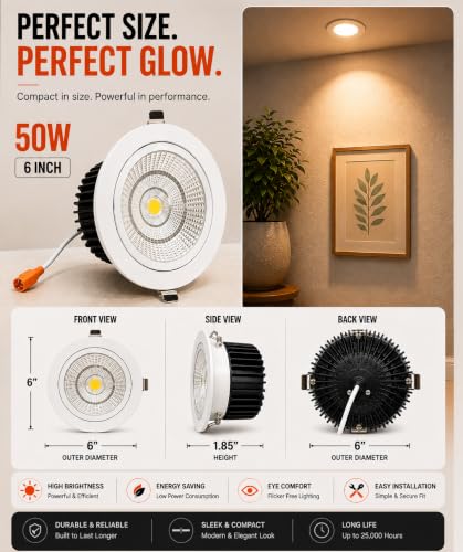 Image of KUSUM 50 Watt White Reflector Concealed LED Ceiling COB Round Spot Light with Focused Beam | Cool White, Pack of 1 (6000K) | Energy Efficient LED Ceiling Light for Home and Office