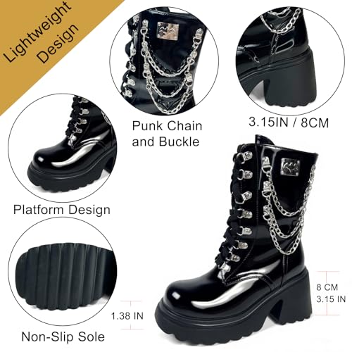Image of MEOTINA Goth Women Platform High Heel Boots Buckle Combat Ankle Booties | Features edgy gothic steampunk rave emo sexy cosplay styling, designed with thick heel, buckle, studded ,lace up and zipper