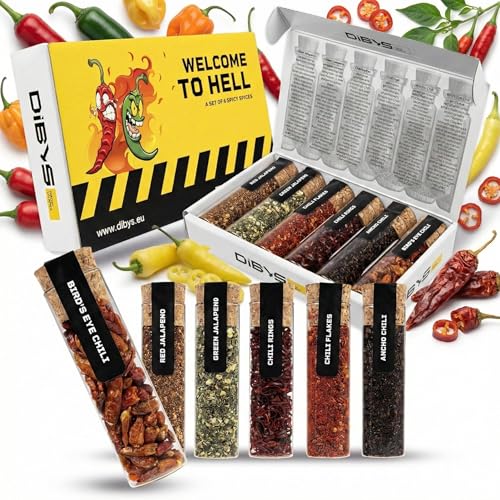 DIBYS Set Regalo Peperoncino Piccante | 6 Spezie Piccanti | Set di Spezie al Peperoncino con Scaglie, Peperoncino Ancho, Peperoncino Bird's Eye e Altro Ancora | Regali per Gli Appassionati di Cucina
