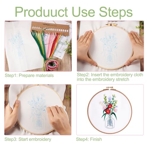 Image of Magibeads 3 Sets Beginner Embroidery Kit Vase Flower Arranging Cross Stitch Patterns Crochet Kit with Embroidery Thread Fabric Instruction Knitting