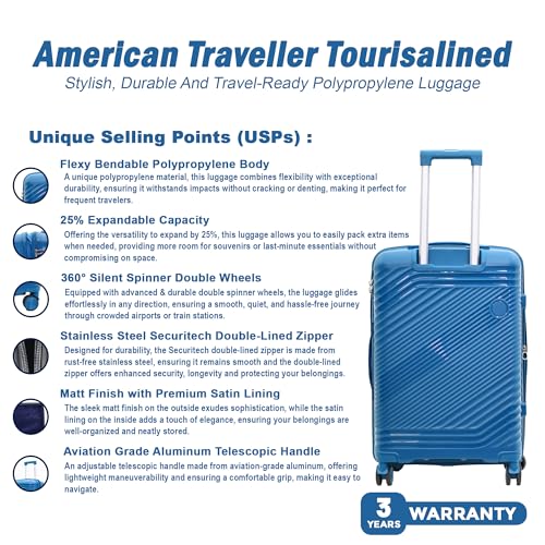 Image of AMERICAN TRAVELLER Tourisalined Trolley Bag| Polypropylene Hard Shell Luggage | Waterproof & Expandable Suitcase for Travel | 8 Smooth Spinner Wheels | Durable Travel Trolley Bag Set (24, Blue)
