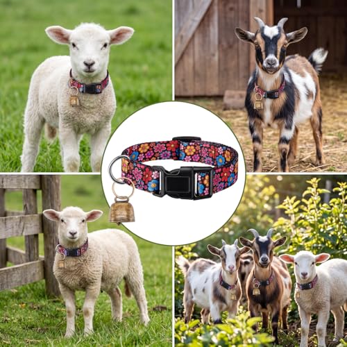 Image of Goat Collar with Bell, Sheep Grazing Copper Bells and Adjustable Nylon Collar Set Loud Bronze Bell for Summer Small Farm Animal Sheep Cow Dog Accessories Gift(Boho)