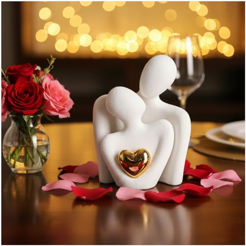 Image of TIED RIBBONS Romantic Couple Hug Statue with Golden Heart Sculpture (White, 8.5 cm x 6.5 cm) - Love Showpiece for Home Decor | Ideal Gift for Girlfriend, Boyfriend, Wife & Husband