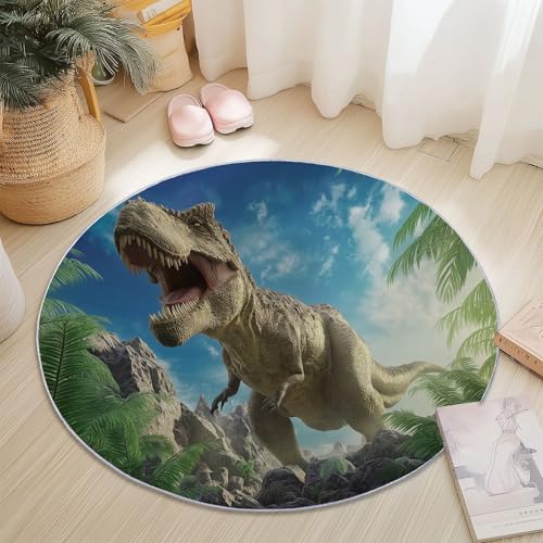 Genérico Alfombras Redondas Lavable 90 cm, Surrealismo Animales Dinosaurios 3D Tema Alfombra Redonda para Sala de Estar Dormitorio Lavandería, Pelo Corto Antideslizante Alfombras, Azul