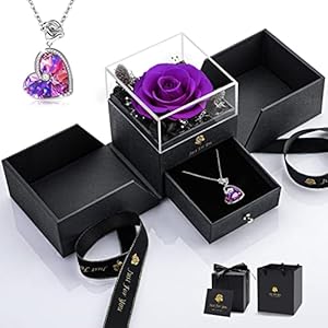 Valentines Rose Gift for Her Girlfriend Women – Preserved Purple Flower Rose Gift with Crystal Necklace Valentines Rose…