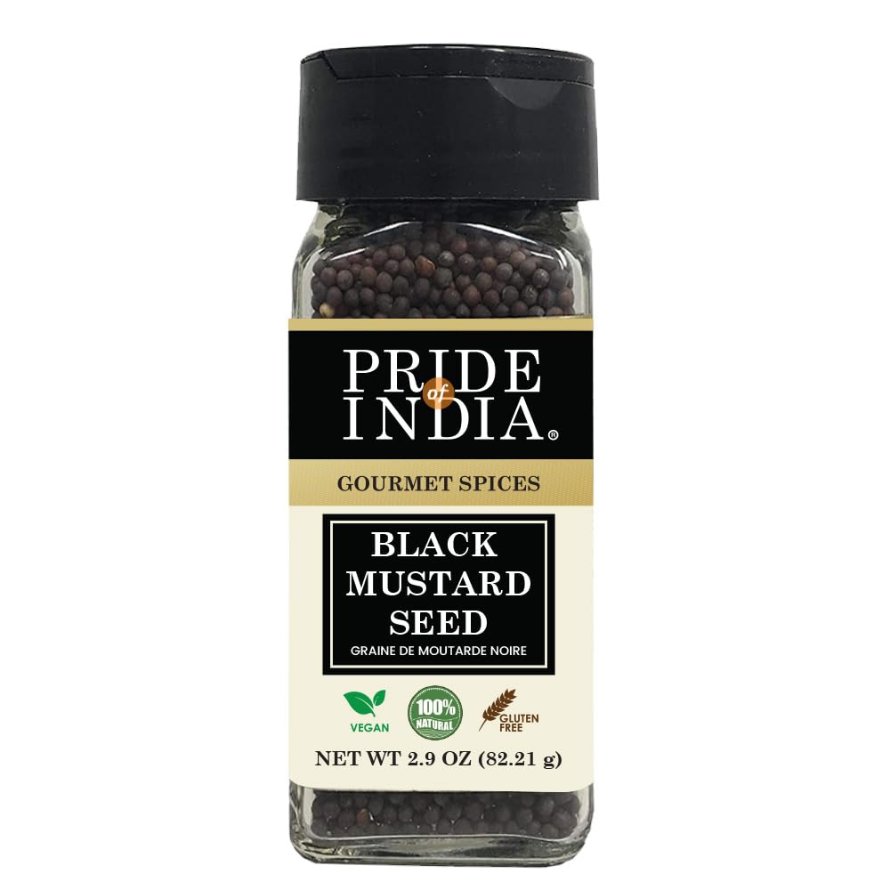 Pride of India – Black Mustard Seed – Gourmet & Vegan Indian Spice – Pungent/Spicy Flavor – Dry Seasoning - Gluten & GMO Free – Easy to Use – 3oz. Small Dual Sifter Bottle