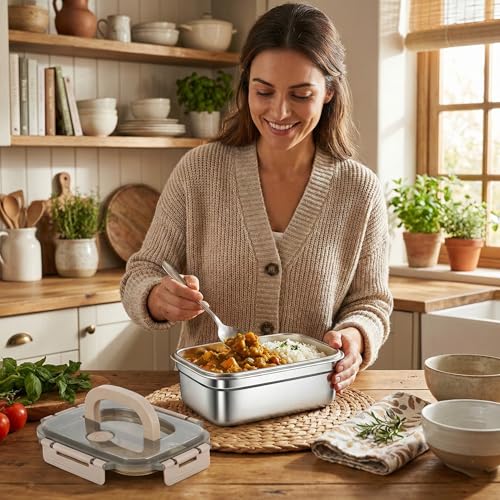 Image of YELONA Stainless Steel Lunch Box 2200ml with Handle, Airtight Leakproof Food Storage Container for Office, Travel, Meal Prep, Curry, Rice, Snacks & Kitchen Use