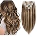 Produktbild Clip in Extensions Echthaar Haarverlängerung Haarteil 8 Teile hitzebeständig glatt Mittelbraun/Honigblond #4p27-1 25 cm (75 g)