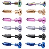 Hendevl 12 Pieces Screw Earrings, Stainless Steel Unisex Piercing Cross Screws Hoop Earrings Ear Stud,6 Colors