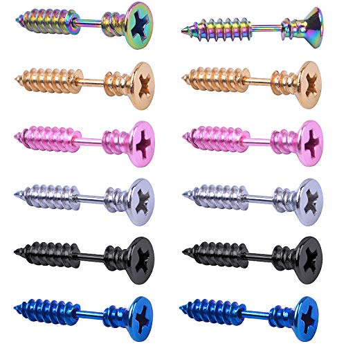 12 Pieces Screw Earrings, Stainless Steel Unisex Piercing Cross Screws Hoop Earrings Ear Stud,6 Colors
