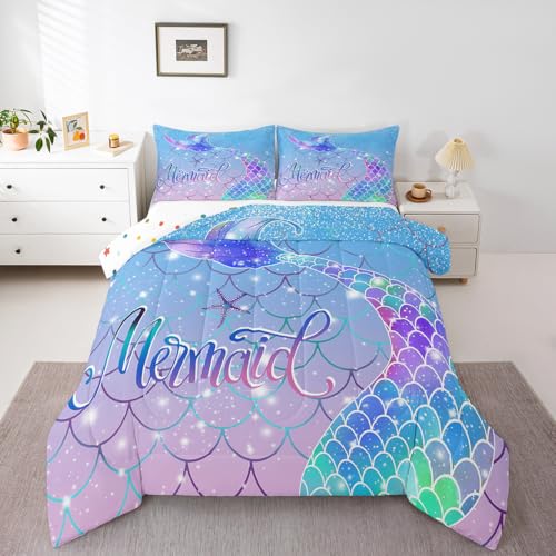 Erosebridal Mermaid Comforter Set Twin Size for Teen Girls Rainbow Blue Tail Printed Bedding, Cute Reversible Stars Bedding Comforter Sets Sparkle Mermaid Fish Scale Bedroom Decor 2 Piece
