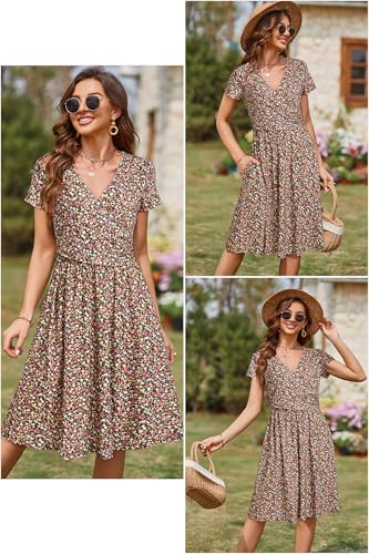 OUGES Sommer Womens Mutterschaft Kleider V-Ausschnitt Midi Sundress Krankenpflege Kleid Casual Floral Stillen Kleid mit Taschen -M