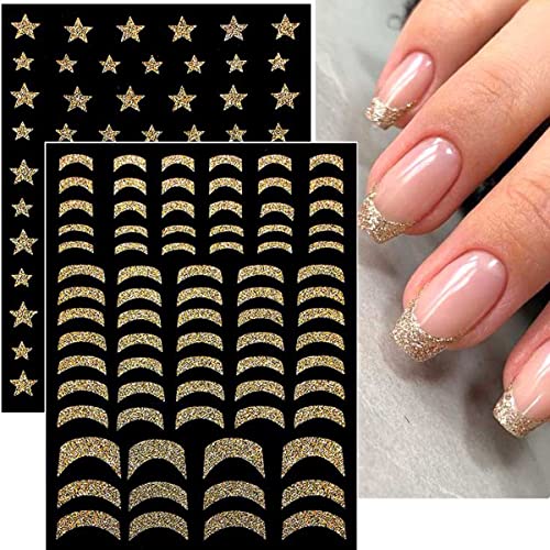 12 Sheets Gold Nail Art Stickers Decals,Nail Art Supplies 3D Metallic Curve Stripe Lines Heart Star Flame Butterfly Glitter Diy Nail Design Luxury Sticker For Women Diy French Acrylic Nail Decoration #TOP3