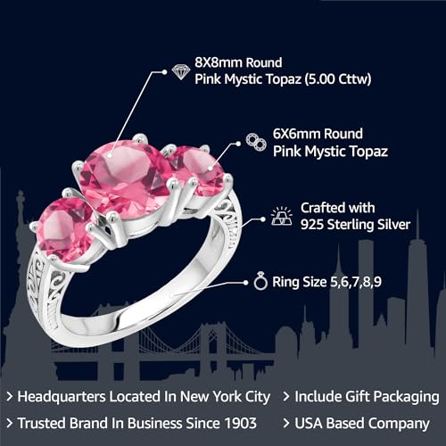 Gem Stone King 5.00 Cttw Pink Mystic Topaz 3-Stone Engagement Ring In 925 Sterling Silver | 3 Stone Wedding Engagement Anniversary Promise Ring For Women | Size 5,6,7,8,92