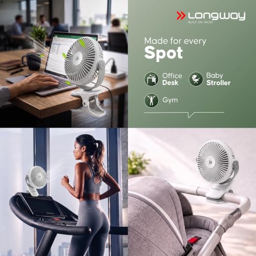 Image of LONGWAY Clipzy Portable Rechargeable Clip Fan with 360 Rotation | 3 Speed Control | BLDC Motor | Type-C Charging | Silent Operation Table Fan for Home, Office & Travel | 1 Year Warranty (White)