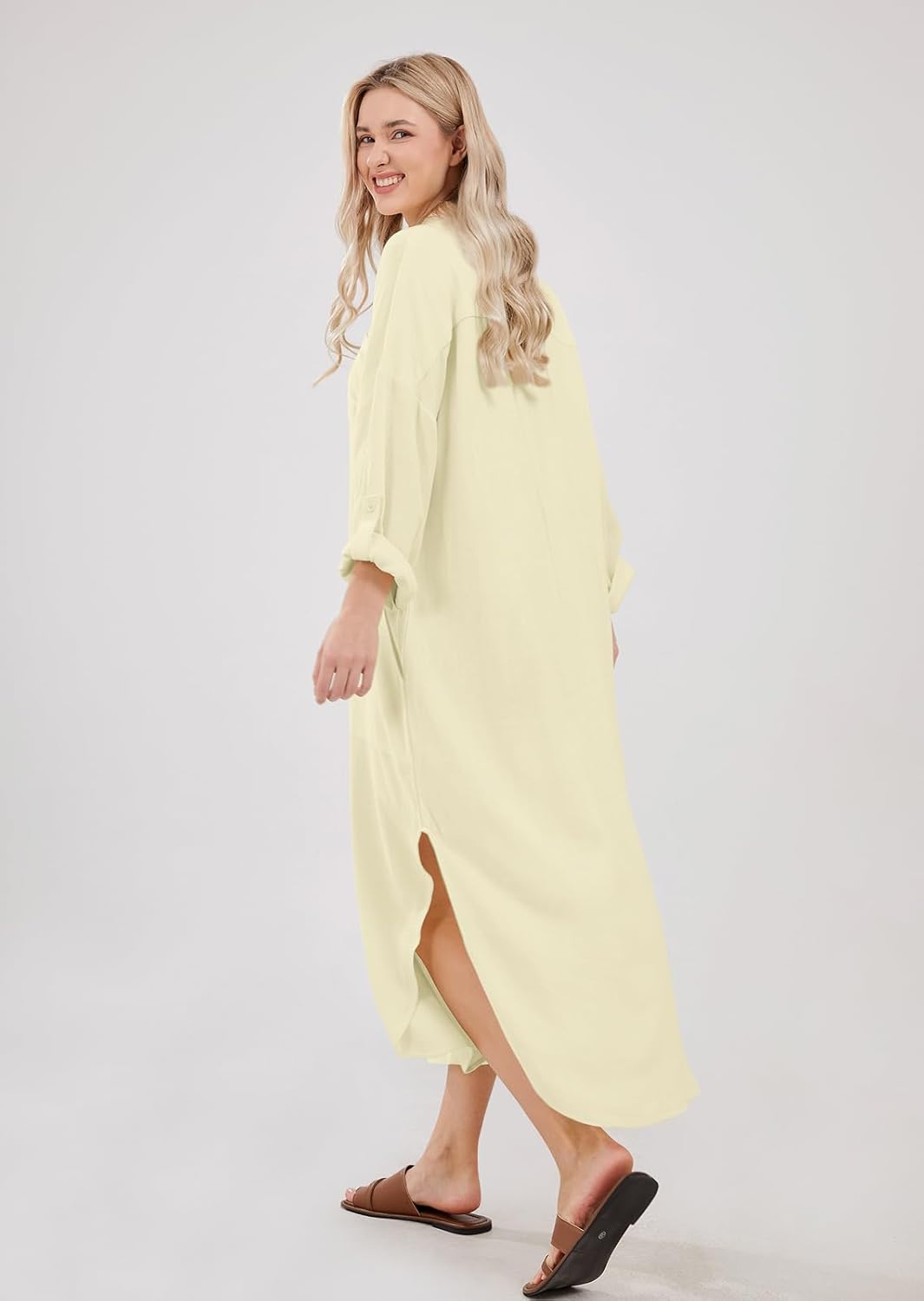 chouyatou Women's Spring Summer Cotton Linen Shirt Dress Button Down Casual Loose Maxi Shift Dress - Image 5