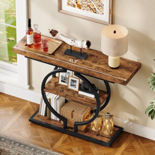Image of TEENFON 41.3 inch Console Table, Industrial Sofa Table with Storage Shelves and Curved Metal Frame, Narrow Entryway Table for Hallway, Foyer, Living Room, Entrance