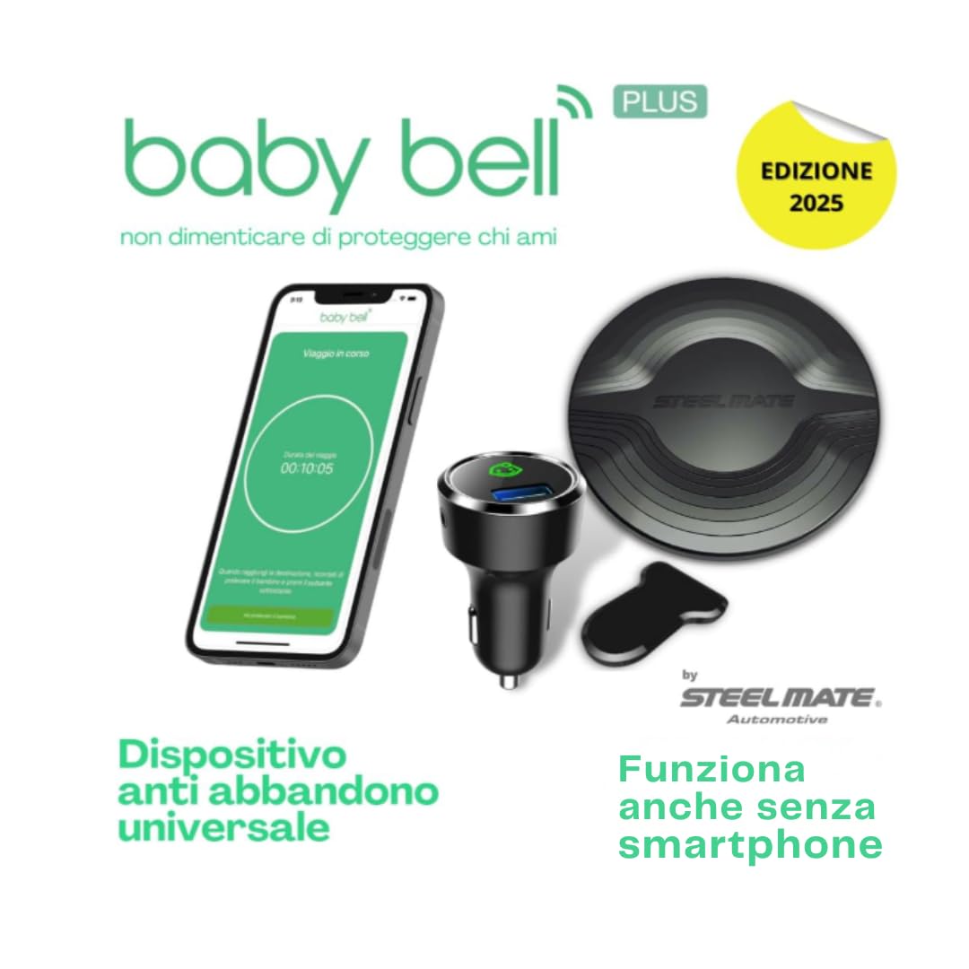 BABY BELL PLUS EDIZIONE 2025, Dispositivo antiabbandono auto, Anti abbandono seggiolino auto, Universale, con batterie nuove a lunga durata, Nuovo modello massima sicurezza