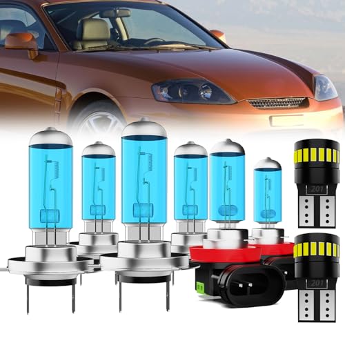 Image of Headlight Bulbs License Plate Lights Fit For Hyundai Tiburon 2003-2006, H7 High Beam + H7 Low Beam + 9006 Fog Lights Halogen Light Bulb + License Plate Lights, Pack of 8