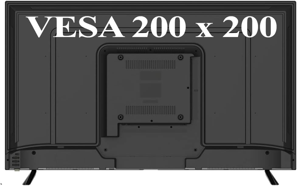 Bag view of MAJESTIC ST43VD V1 Smart TV showing VESA 200x200 mounting holes and various input ports.