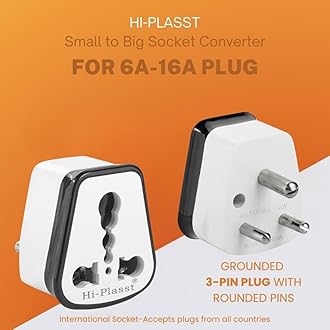 HI PLASST PINS N PLUGS HI-PLASST (Pack of 1) 5 to 15 Ampere Converter Socket for Big Size 16 Ampere Top with Universal Sockets for International (Black, 1)