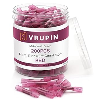 Vrupin 200PCS Heat Shrink Butt Connectors, 22-16 AWG Red Marine Grade Waterproof Electrical Wire Connectors, Tinned Copper Insulated Wire Crimp Terminals Butt Splice for Boat Truck