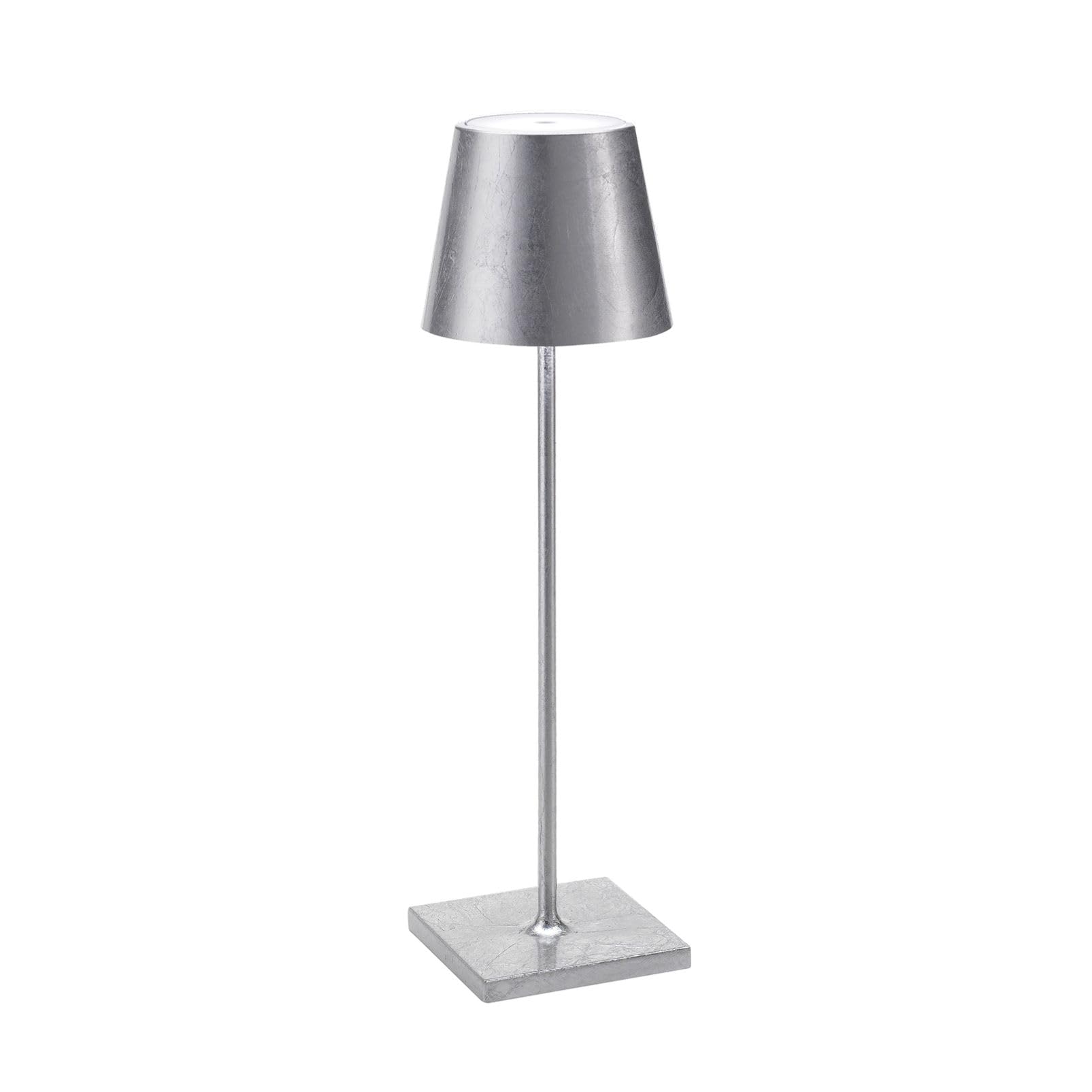 Zafferano, Poldina Pro con Foglia Color Argento, Lampada da Tavolo Ricaricabile e Senza Fili con Controllo Touch, Utilizzabile come Lampada da Interni, Dimmer, 2200-3000 K, Altezza 38 cm
