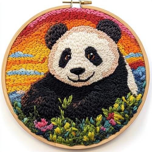 Image of DIY Punch Needle Kits Panda with Sunset with Hoop 20x20cm-2 | with Pattern Stamped Easy for Beginners Embroidery Punch Needle Starter Craft Set for Adults Festival Gift and Decoration