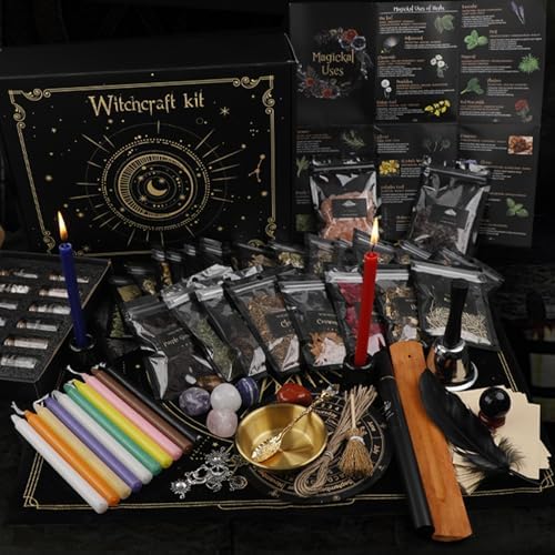 YINUO LIGHT 132 Piece Witchcraft Supplies Kit, Wiccan Supplies & Tools, Including Witchcraft Herbs, Magic Candles, Witchcraft Crystals, Bru Starter Kit (Ca9719, Classic)