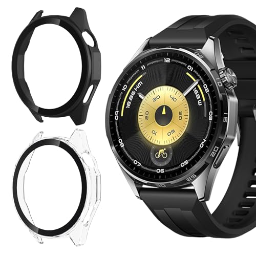 Vanrain Cover per Huawei Watch GT 6 46mm, 2 Pezzi Custodia Protezione Totale Ultra Sottile Cover Rigida per PC Schermo con Pellicola Vetro, Transparent+Nero