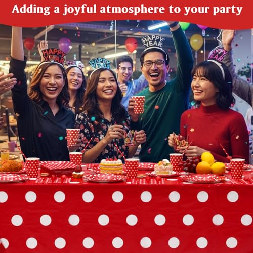 Image of Funnymoom 452 Pcs Red Polka Dot Party Supplies for 50, Red and White Polka Dot Paper Plates Napkins Cups Tablecloth Cutlery Straws for Mouse Birthday Carnival Family Picnic Barbecue Party Decoration