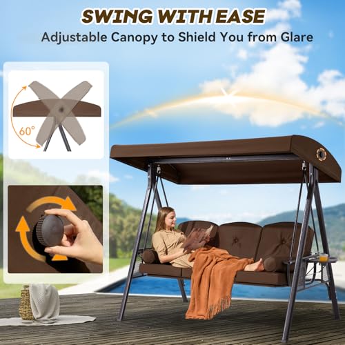 Image of 3 in 1 Outdoor Porch Swing with Canopy, 3 Seat Outdoor Swing for Adults, Patio Swing Chair with Thickened Cushions,Pillows & Cup Holders for Backyard, Porch, Garden (Brown)