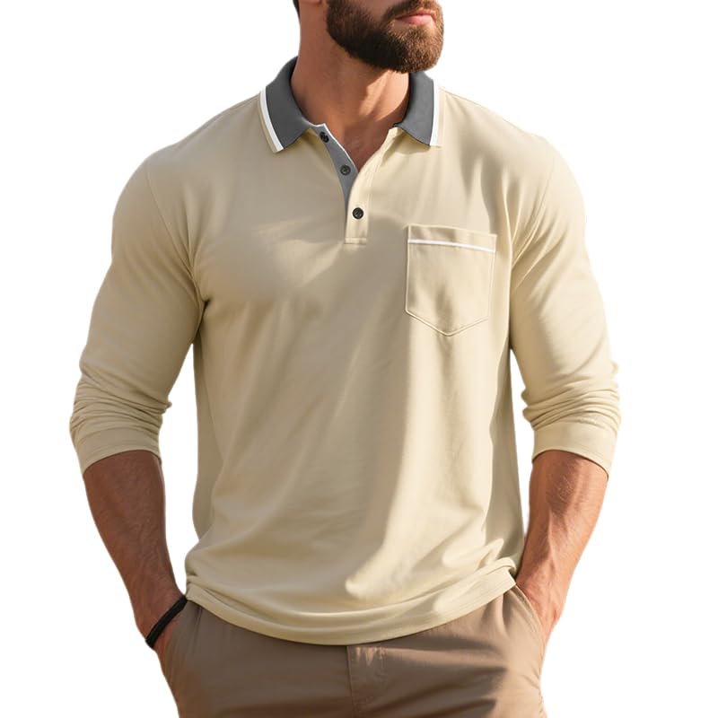 ZOCANIA Mens Polo Shirts Long Sleeve Golf Shirt Mens Color Block Knit Sweater Hidden Button T-Shirts with Pocket