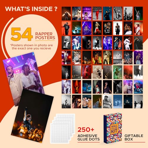 Image of CodersParadise Pack of 54 Hip Hop Rapper Wall Collage Kit Posters - 4 x 6 Inches Posters for Wall Decoration - Wall Art For Bedroom, Office, Living room, Dorm room - Glue Dots Included