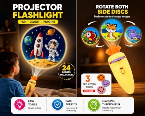 Image of Kids Projection Flashlight Torch Toy with 24 Picture Slides (3 Discs), Mini Projector Torch for Toddlers, Educational Light Toy for 1-3 Year Old Boys & Girls (Carrot Projector)