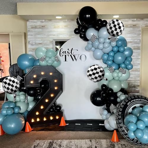 Image of Race Car Balloons Garland Arch Kit, Dusty Blue Balloons Green Black Balloon Pale Blue Metallic Silver Balloon Arch Kit with Checkered Foil Balloon for Car Fast Birthday Baby Shower Party Decorations