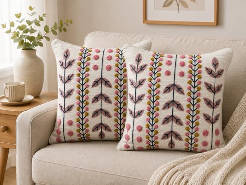 Image of Prista Set of 2 Floral Embroidered Cushion Covers 16x16 Inch | Premium Slub Cotton Decorative Pillow Covers with Tufted Embroidery | Boho Sofa Cushion Covers for Living Room (Blush Floral)