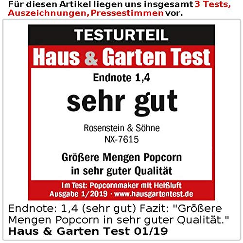 Foto von Rosenstein & Söhne Popcornmaker: XL-Heißluft-Popcorn-Maschine für bis zu 100 g Mais, 1.200 Watt (Popcorn Machine, Popcornmaschine Heissluft, klein)