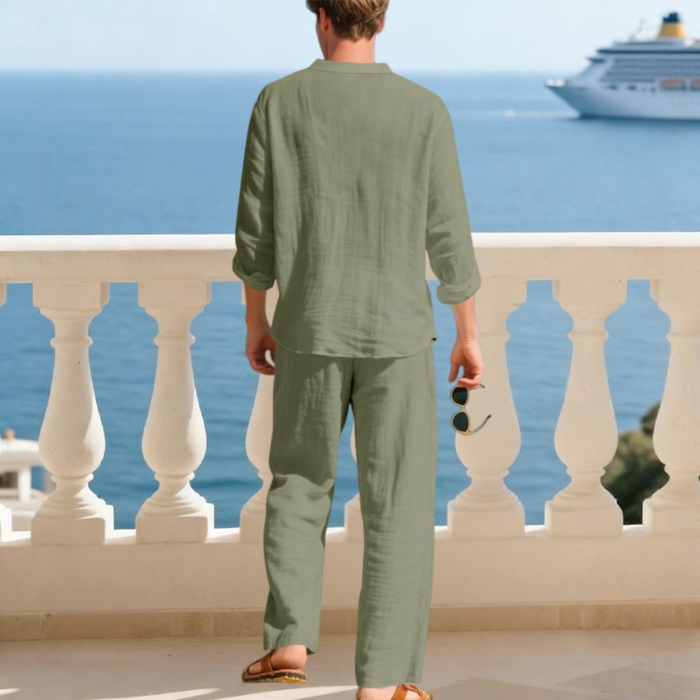 Tuta Uomo Completo Curvy Tuta Estiva Lino Camicia Maniche Lunghe e Pantaloni 2 Pezzi Set Leggera Tute Casual Completi Spiaggia