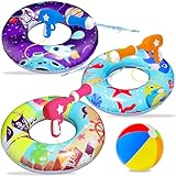 FindUWill 3 Pack Pool Floats with 3 Water Guns Kids, Inflatable Pool Swim Tubes with Beach Ball, Pool Floaties Toys Inner Tube with Squirt Guns for Kids Ages 8-12, Beach Swimming Party Toys for Adults