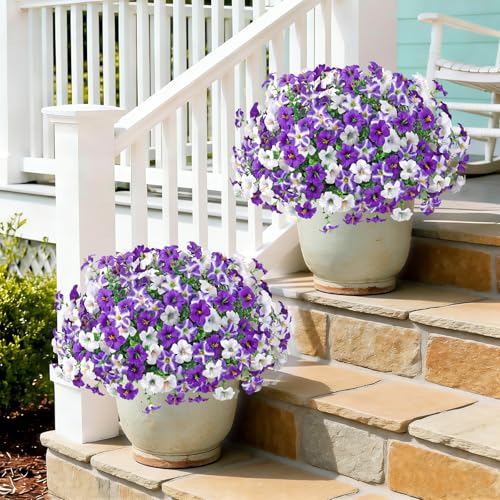 KHOYIME Artificial Flowers for Outdoor Decoration, 12PCS Faux White Purple Petunias Silk Flower UV Resistant Realistic Fake Plants for Outside Planter Garden Porch Yard Spring Summ image 4