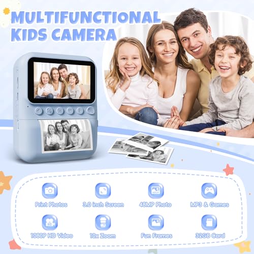 CalineGam Kids Camera Instant Print, 3.0'' Screen 48MP Photo Camera for Kids with 32GB Card & Print Paper, 1080P HD Video Recording, Gift for Boys Girls 3-12 Year Old (Blue) - Image 2