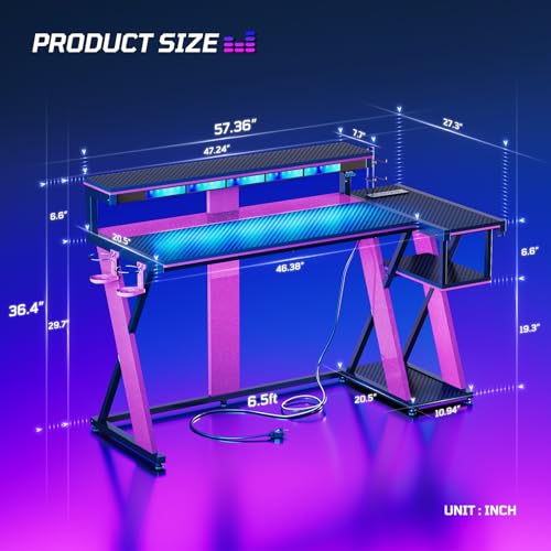 Image of Bestier Computer Desk with Music Sync Light, Flow Vibe Corner Desk with Monitor Stand and PS5 Storage Shelves, Cup Holders, and Headset Hooks for Bedroom Small Space (Black Purple, 57 Inch)