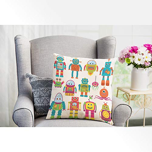 Ekobla Robots Throw Pillow Cover Adorable Funky Octopus Cartoon Toy Futuristic Computer Monster Space Cozy Square Cushion Case For Men Women Boys Girls Room Home Decor Cotton Linen 18X18 Inch #TOP3