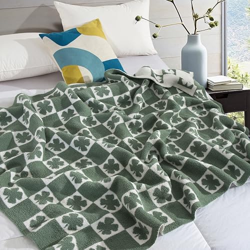 Image of Elegant Comfort St Patrick's Day Throw Blanket, Green Plaid Clover Super Soft Cozy Fluffy Warm Throw Blankets for Couch, Sofa, Chair, Bed, Camping, Picnic, Travel Lightweight Bed Blanket (50 inch x 70 inch)